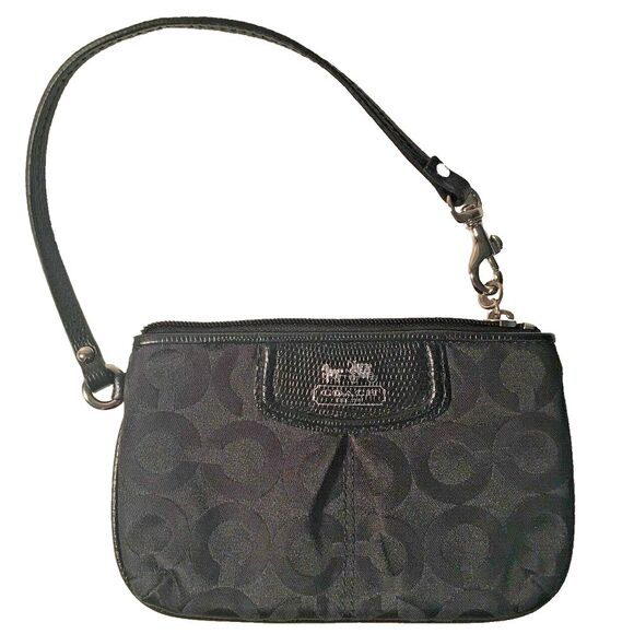 Coach Wristlet Madison OP Art Black Signature Monogram‎ Leather Sateen - Picture 1 of 9